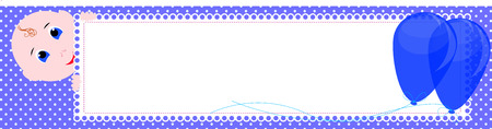 Baby shower banner. Cute boy holding the sign for writing. Balloons and baby. Design banner, invitation or greeting card for baby shower.のイラスト素材