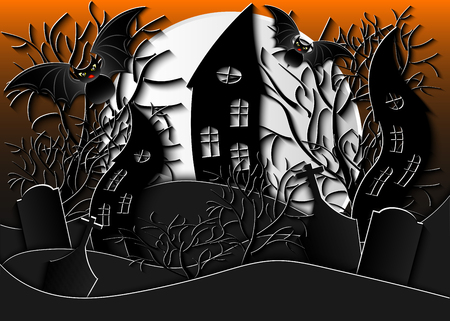 Halloween vector illustration. Dark dancing houses, cemetery, trees and bats on night moon background. Paper cut out style.のイラスト素材