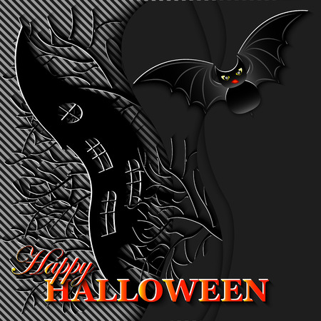 Dancing house, trees, bat on original black background for halloween banner, posters, wallpapers, greeting cards, paper cut out style. Vector Halloween illustration.のイラスト素材