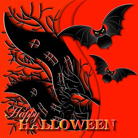 Dancing houses, trees, bat on original background for halloween banner, posters, wallpapers, greeting cards, paper cut out style. Vector Halloween illustration.のイラスト素材
