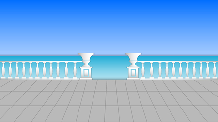 Paper cut out art style vector illustration of camouflaged embankment with antique columns and horizon of azure sea.のイラスト素材