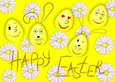 Vector illustration for Happy Easter with smiling faces eggs, chamomile and handwritten inscription. Paper cut out art style.のイラスト素材