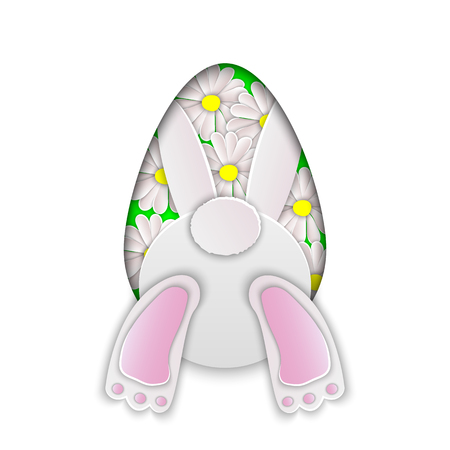 Vector illustration for Happy Easter with bunny bottom and carved from paper Easter egg. Paper cut out art style.のイラスト素材
