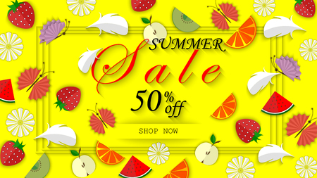 Summer sale banner with pieces of fruits, butterflies, chamomiles and feathers. 3d vector illustration, format, paper cut out art style.のイラスト素材