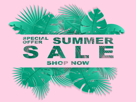 Summer sale banner with carved tropical palm leaves. Exotic floral background, design for banner, flyer, poster, invitation, web site, presentation, wallpaper. Paper cut out style. Vector illustrationのイラスト素材