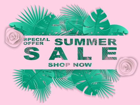 Summer sale banner with carved leaves of palm tree. Exotic floral background, design for banner, flyer, poster, invitation, web site, presentation, wallpaper. Paper cut out style. vector illustration.のイラスト素材