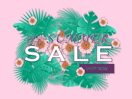 Summer sale banner with carved leaves of a palm tree in the pink background.  Paper cut out style vector illustration.のイラスト素材