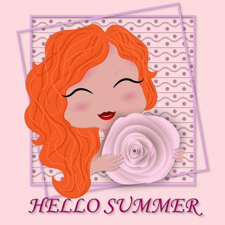 Summer background, banner, postcard. Cute girl with rose in her hands, 3d frame, and inscription Happy summer. Vector illustration.のイラスト素材