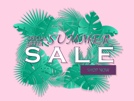 Summer sale banner with carved leaves of palm tree. Exotic floral background, design for banner, flyer, poster, invitation, web site, presentation, wallpaper. Paper cut out style. vector illustration.のイラスト素材