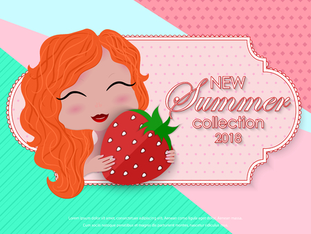 Cute girl with, red hairs, strawberry in her hands, 3d frame and inscription new summer collection 2018 on original color background. Summer background, banner, wallpaper. Vector illustration.のイラスト素材