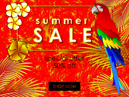Summer sale background for banner, online shopping, web site, promotion, poster, advertising. Paper cut art style vector illustration with parrot and tropical leaves.のイラスト素材
