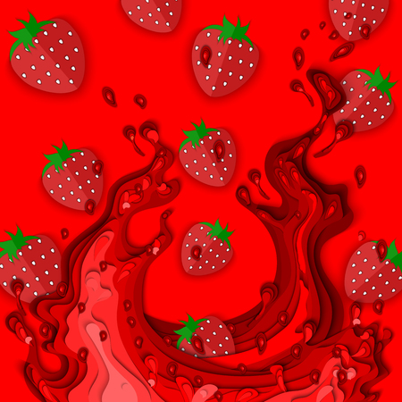 Abstract red strawberry juice. Splash and drops of red fruit juice. 3d vector illustration. Paper cut out art style.のイラスト素材
