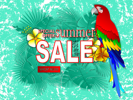 Summer sale banner with paper cut parrot and tropical flowers and leaves background, exotic design for banner, flyer, invitation, poster, web site, greeting card. Vector illustration, paper cut styleのイラスト素材