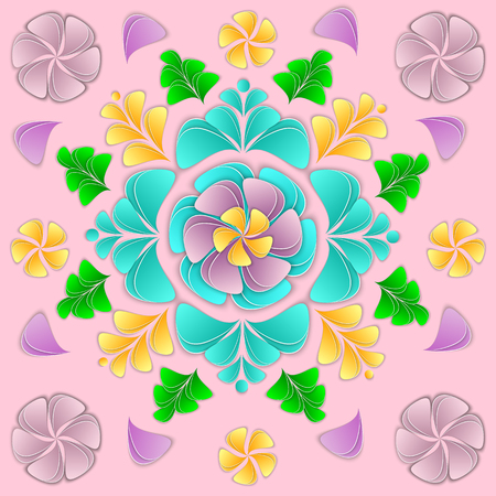 Paper flowers and petals vector illustration. Flower 3d background floral composition for design of greeting card, invitation, banner, cover, flyer, poster. The paper is cut out.のイラスト素材