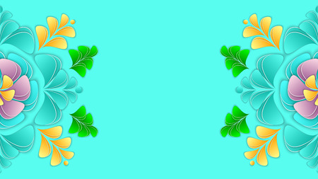 Paper flowers and petals vector illustration. Flower 3d background, aspect ratio 16:9. Design of greeting card, invitation, banner, website, screensaver, wallpaper, the paper is cut out.のイラスト素材