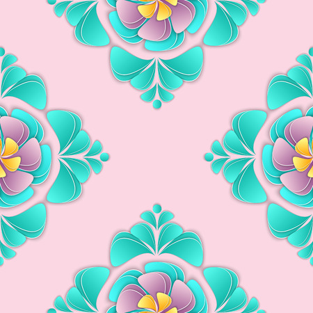 Paper flowers and petals vector illustration. Floral 3d background element for design of greeting card, invitation, banner, cover, flyer, poster. Paper cut out style.のイラスト素材