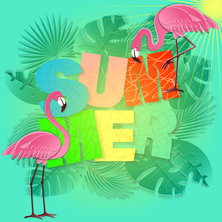 Summer banner with tropical birds, palm leaves and flowers background. Exotic 3d design for sale banner, flyer, invitation, poster, web site or greeting card. Paper cut out style, vector illustration.のイラスト素材