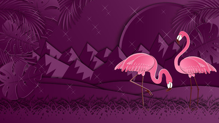 Ecological concept. Two flamingos against setting sun, night sky, mountains, palm leaves. 3d background, paper cut out art style. Vector illustration.のイラスト素材