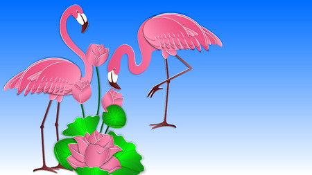 Two pink flamingo and lotus flowers against the blue sky. Summer background, cover, banner, poster, template. 3d vector illustration. Paper cut out style, aspect ratio 16:9.のイラスト素材