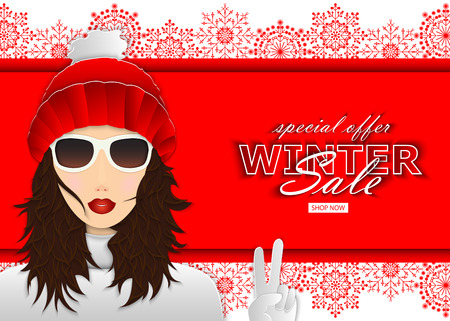 Winter sale background, banner, flyer, billboard. Young girl in winter coat and red hat on red background with snowflakes. Vector illustration.のイラスト素材