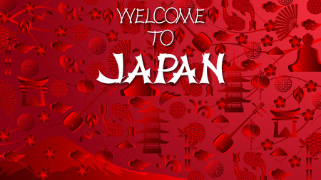 World of Japan pattern with modern and traditional japanise culture symbols and handmade inscription welcome to Japan, trend background. Japan red wallpaper, 16:9 aspect ratio. Vector illustration.のイラスト素材