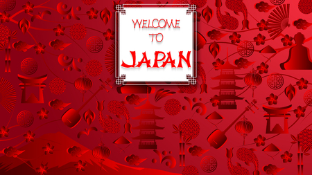 World of Japan pattern with modern and traditional japanise culture symbols and handmade inscription welcome to Japan, trend background. Japan red wallpaper, 16:9 aspect ratio. Vector illustration.のイラスト素材
