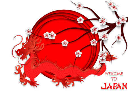 Japanese red dragon cut out of paper on the background of the Japanese flag, cherry blossoms and hand lettering Welcome to Japan. 3d vector illustration of the Japanese flag. Travel brochure design element, banner, background.のイラスト素材