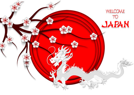 Japanese dragon cut out of paper on the background of the Japanese flag, cherry blossoms and hand lettering Welcome to Japan. 3d vector illustration of the Japanese flag. Travel brochure design element, banner, background.のイラスト素材