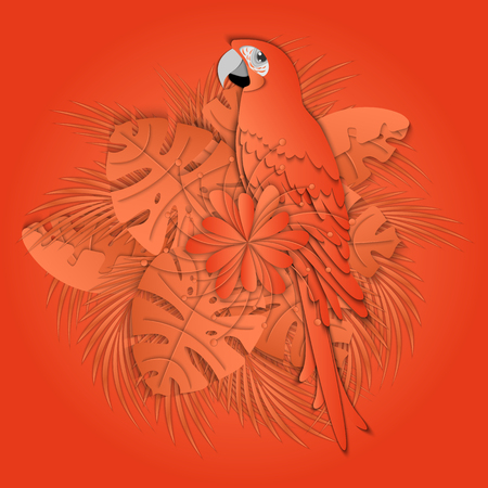 Coral parrot and palm leaves. Coral exotic background. Design of summer or spring sale banner, party invitations. The color of the year 2019 Live Coral. 3D vector illustration. Paper cut out style.のイラスト素材