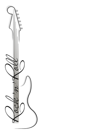 Abstract music logo. Black and white music background. Guitar and inscription rock'n'roll on white background. Design of invitation to party, disco, music banner, flyer, cover. 3D vector illustrationのイラスト素材