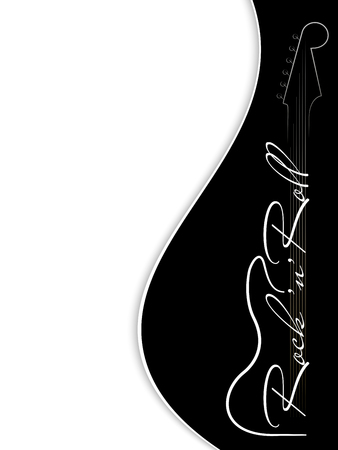 Black and white music background. Guitar and inscription rock'n'roll . Design of invitation to party, disco, music banner, flyer, cover, wallpaper. 3D vector illustration.のイラスト素材