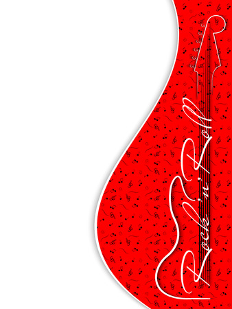 Music background. Guitar and the inscription rock and roll on red musical background. Design invitations to party, disco, music banner, flyer, cover, wallpaper. 3D vector illustration. Paper cut styleのイラスト素材
