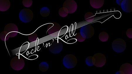 Music background. Guitar and inscription rock and roll on black futuristic background. Design invitations to party, disco, music banner, flyer, cover, wallpaper. Vector illustration.のイラスト素材