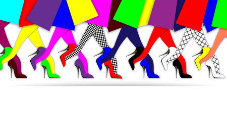 Womens legs in high-heeled shoes, closeup on white background. Festive or seasonal sale banner, background, wallpaper, poster with place for text. Vector illustration.のイラスト素材