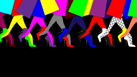 Womens legs in high-heeled shoes, closeup on black background. Festive or seasonal sale banner, background, wallpaper, poster with place for text. Vector illustration.のイラスト素材