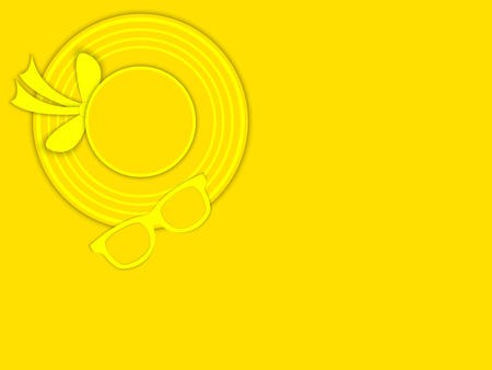 Fashionable sunglasses and hat on the yellow sand, close-up, top view. Summer background, banner, wallpaper. 3D vector illustration. Paper cut  out art style.のイラスト素材