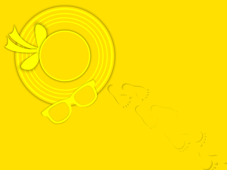 Fashionable sunglasses, hat and footprints on the yellow sand, close-up, top view. Summer background, banner, wallpaper. 3D vector illustration. Paper cut  out art style.のイラスト素材