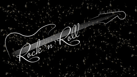 Abstract musical logo. Black and white music background. Guitar and inscription rock'n'roll on black background. Design of invitation to party, disco, music banner, flyer, cover. Vector illustrationのイラスト素材