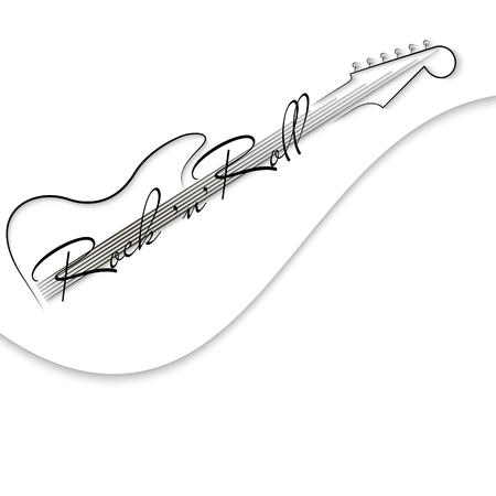 Black and white music background. Guitar and inscription rock'n'roll. Design of invitation to party, disco, music banner, flyer, cover, wallpaper. 3D vector illustration. Paper cut out styleのイラスト素材