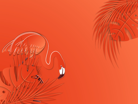 Summer banner with cut out of paper flamingo and tropical palm leaves on living coral background. Exotic floral design for banner, invitation, flyer, website or greeting card. 3D vector illustration.のイラスト素材