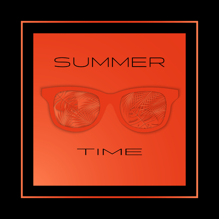 Summer background, banner, print. Sunglasses and palm leaves on coral and black background. 3D vector illustration for t-shirt design. Paper cut out art style.のイラスト素材