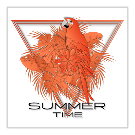 Summer background, banner, print. Palm leaves and parrot on white background. 3D vector illustration for t shirt design. Paper cut out art style.のイラスト素材
