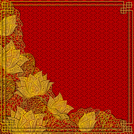 Template for invitation card, background, banner, greeting card, banner, wallpaper with golden beautiful lotus flower pattern on red background color. 3D vector illustration. Paper cut out style.のイラスト素材