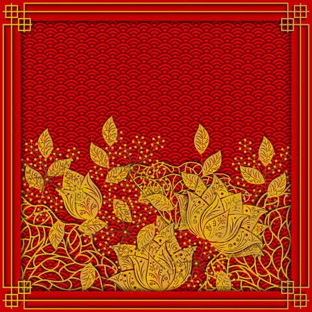 Template for invitation card, background, banner, greeting card, banner, wallpaper with golden beautiful lotus flower pattern on red background color. 3D vector illustration. Paper cut out style.のイラスト素材