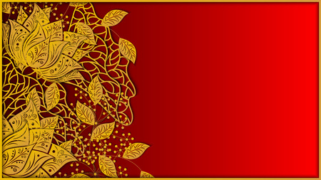 Floral background. Golden flowers of lotus fnd leaves on red background. Design template for wedding invitation, greeting card and other events. 3D vektor illustration. Paper cutout art style.のイラスト素材