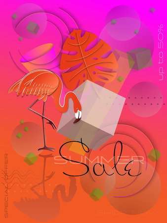 Summer sale banner with paper cut flamingo and tropical leave and geometric figures. Summer futuristic background, collage. disign for banner, flyer, invitation, poster, web site or greeting card.のイラスト素材