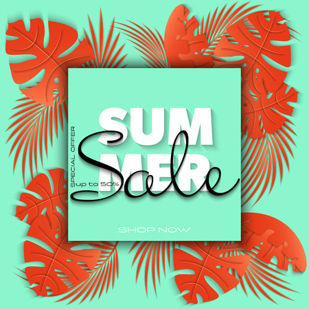 Summer sale banner with paper cut tropical leaves on neon mint background, exotic floral design for banner, flyer, invitation, poster, web site or greeting card. Paper cut style. Vector illustrationのイラスト素材