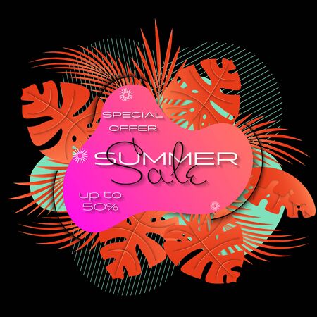 Summer sale banner template. Summer abstract geometric background with palm leaves. Tropical background. Promo badge for your seasonal design.  3D Vector illustration.のイラスト素材