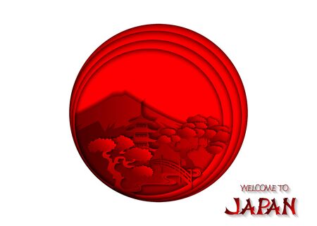 Japanese landmarks on the background of the japanese flag. Elements for design of travel brochures, cards, banners, covers. 3d vector illustration, paper cut style.のイラスト素材