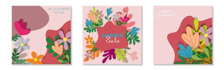 Set of abstract summer backgrounds with copy space for text. Colorful banners with summer flowers. Use for event invitation, discount voucher, ad Internet, ad social media. Vector illustration.のイラスト素材